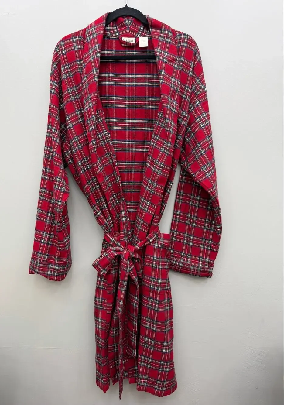 L.L.Bean Red Plaid Cotton Bath Robe Belted Shawl Collar Men's Large